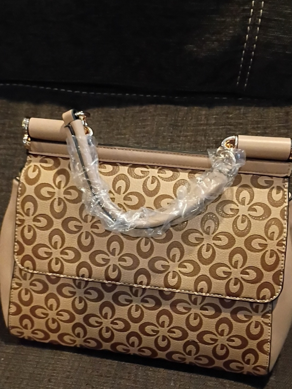 Women's Beige Patterned Top-Handle Satchel Tote bag Vegan Leather